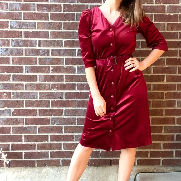 Vintage holiday Christmas button down belted red velvety midi dress small - Picture 6 of 9